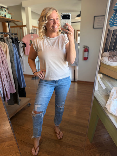 Beige Stitched Cotton Cap Sleeve Top