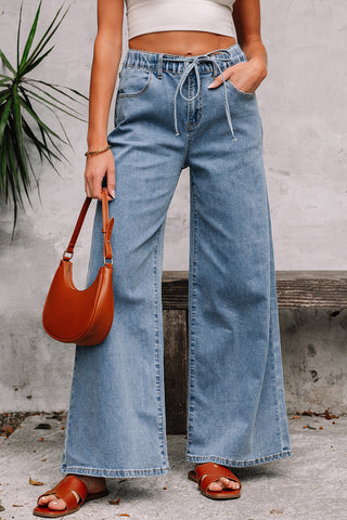 Elastic Waist Wide Leg Denim Jeans