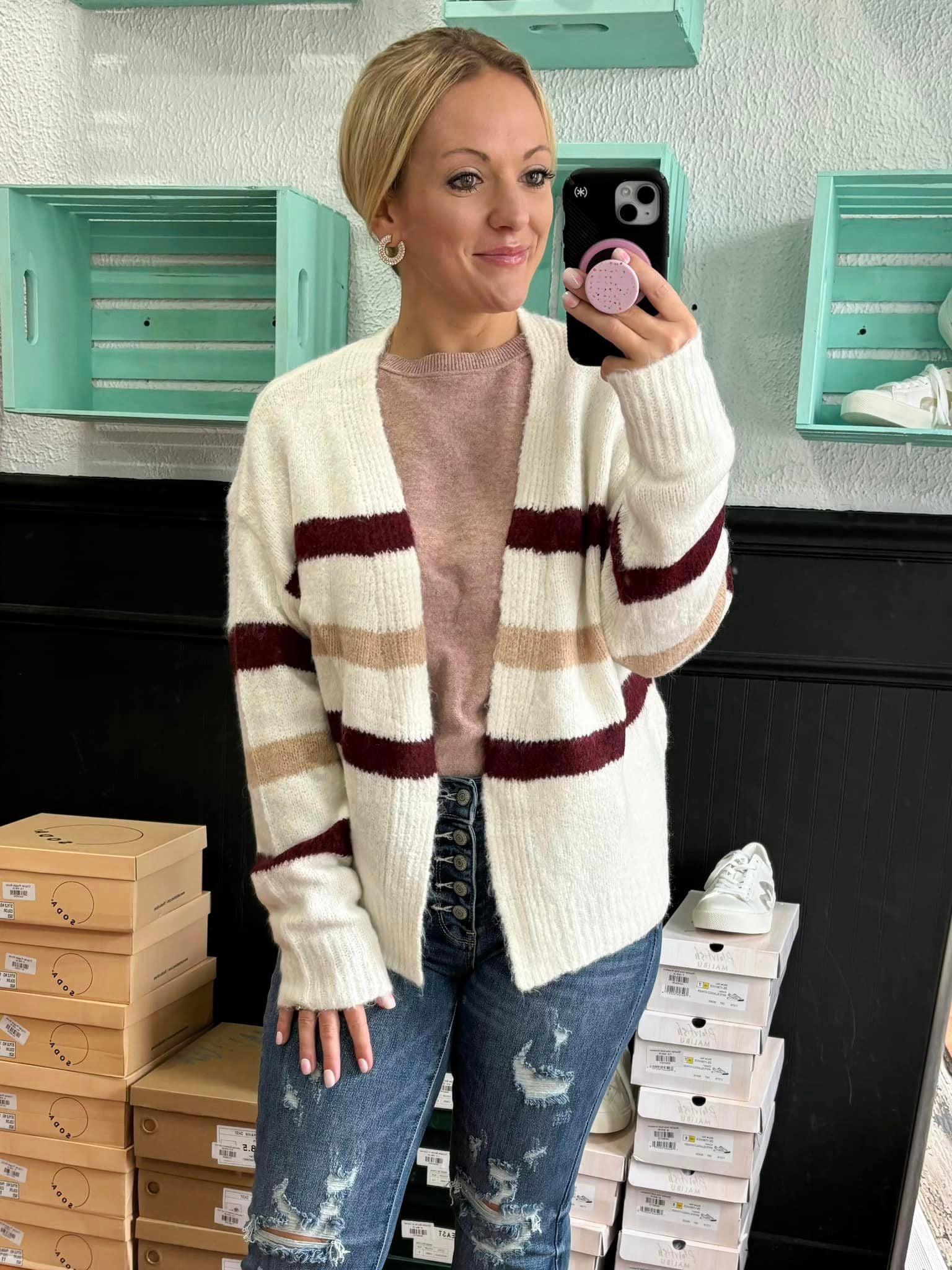 Ivory & Burgundy Striped Cardigan