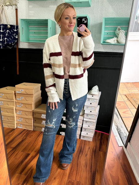 Ivory & Burgundy Striped Cardigan