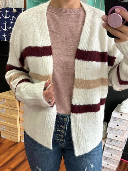 Ivory & Burgundy Striped Cardigan