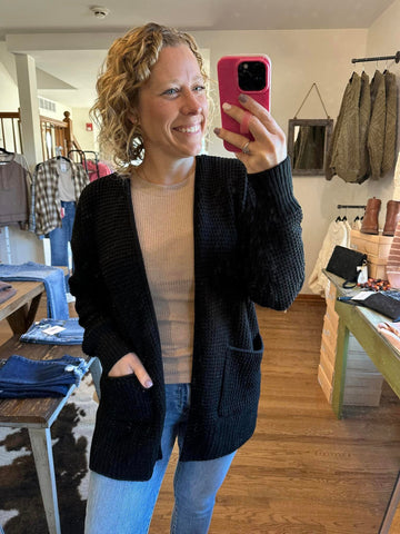 Black Chunky Waffle Knit Cardigan