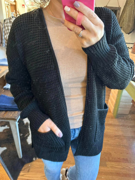 Black Chunky Waffle Knit Cardigan