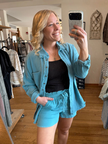 Dusty Teal Linen Shorts