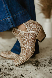 ** PREORDER ** Western Moxie Hand-Tooled Booties in White Chocolate