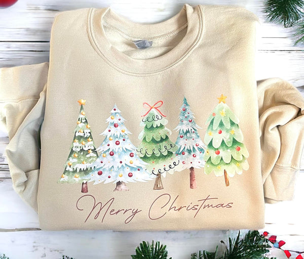 Merry Christmas Trees Sweatshirt in Sand