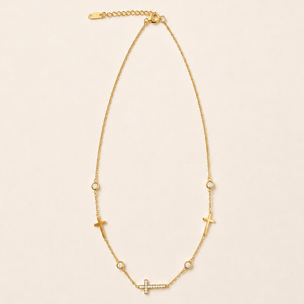 Gold 18K Stainless Steel Tarnish Free Cross & Rhinestone Necklace
