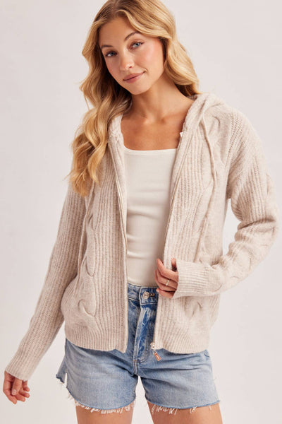 Oatmeal Zip-Up Cable Knit Sweater Cardigan With Hood