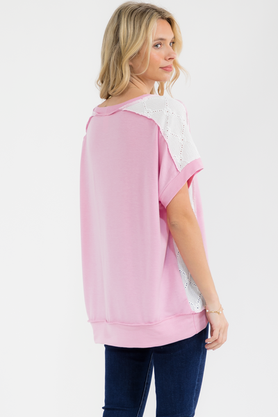 Pink & Ivory Lace Sleeve Tee