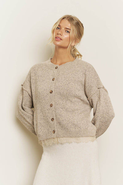 Lace Trim Exposed Seam Button Down Knit Cardigan