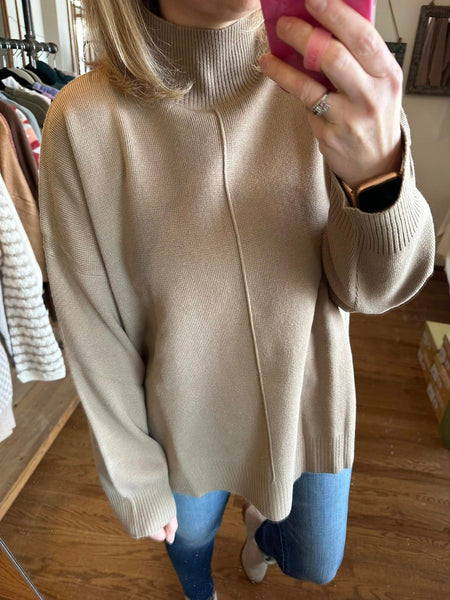 Khaki Oversized Mock Neck Sweater