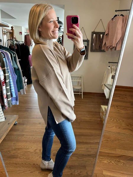 Khaki Oversized Mock Neck Sweater