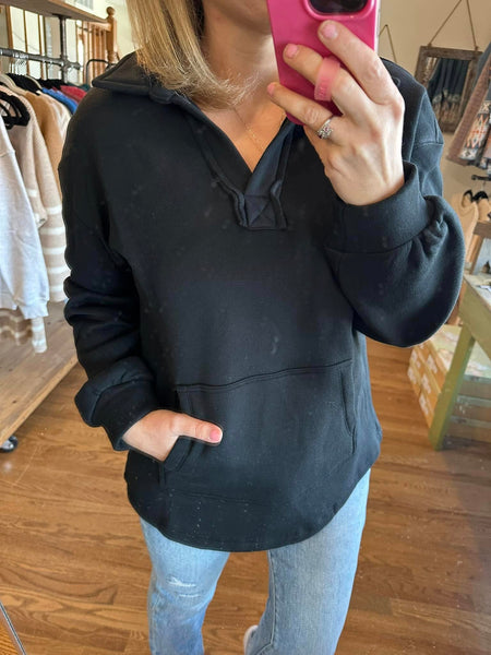 Black V-Neck Collared Sweatshirt