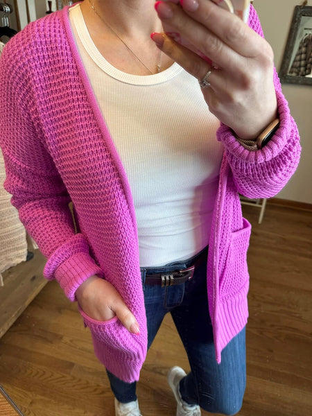 Bright Mauve Waffle Knit Cardigan