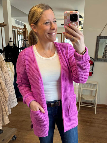 Bright Mauve Waffle Knit Cardigan