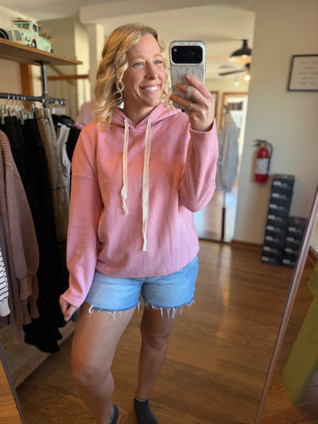 Mauve Ribbed Drawstring Hooded Sweatshirt