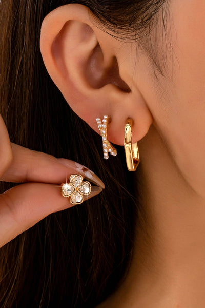 Gold Floral Gem Pearl Hoop Trio Earrings