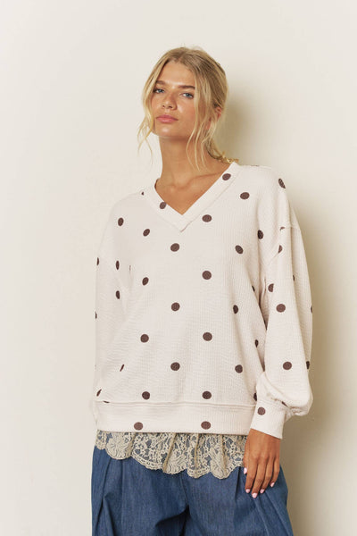 Cream and Mocha Polka Dot Long Sleeve Textured Knit Top