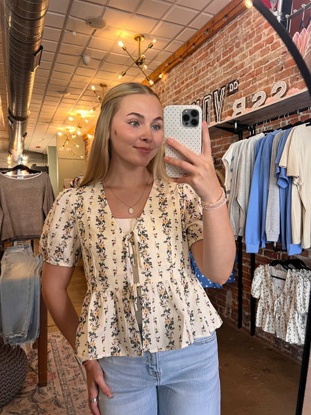Ivory Floral Tie Front Blouse