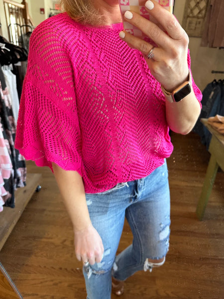 Fuchsia Open Knit Scallop Edge Short Sleeve Top