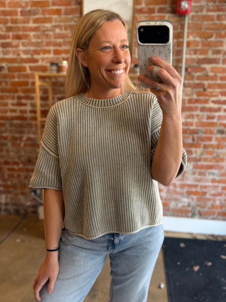 Light Olive Mineral Wash Short Sleeve Knit Top
