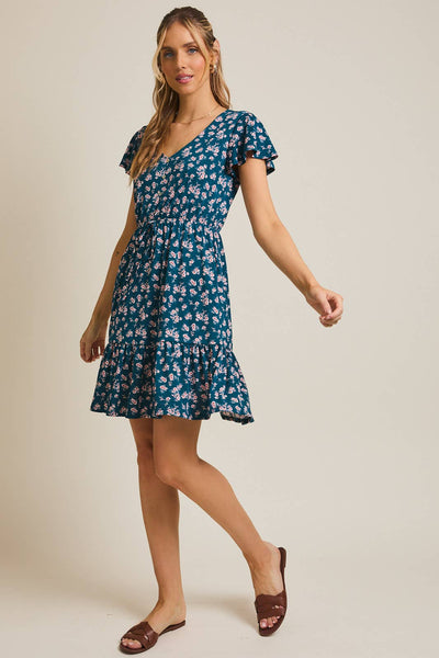 Teal Disy Floral Short Sleeve Dress