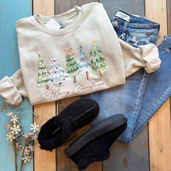 Merry Christmas Trees Sweatshirt in Sand