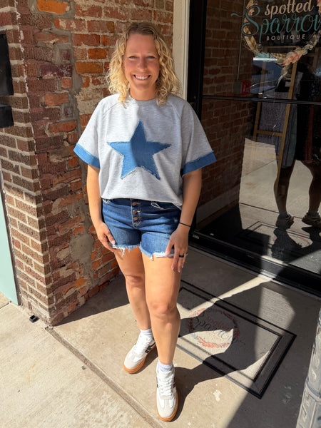 Heather Grey Denim Star Patchwork Top
