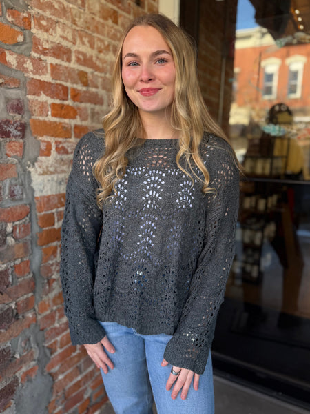 Ash Grey Scalloped Hem Open Knit Sweater