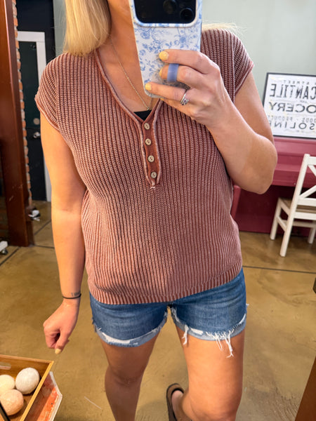 Terracotta Raw Edge Short Sleeve Henley Top