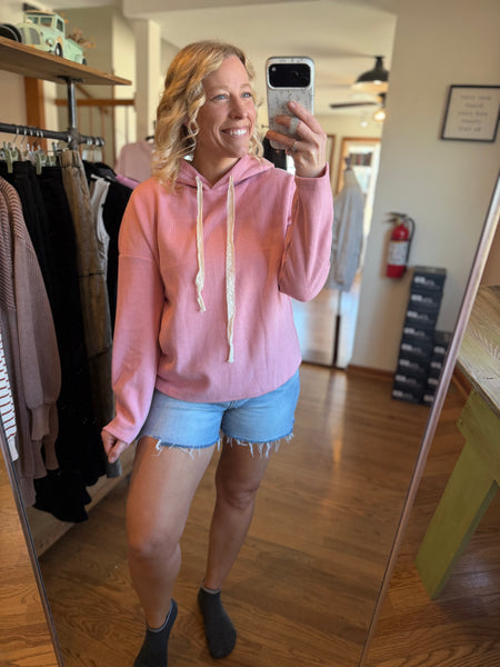 Mauve Ribbed Drawstring Hooded Sweatshirt