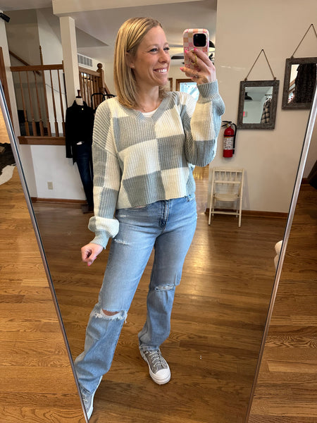 Cropped Dusty Mint Checkered V-Knit Sweater