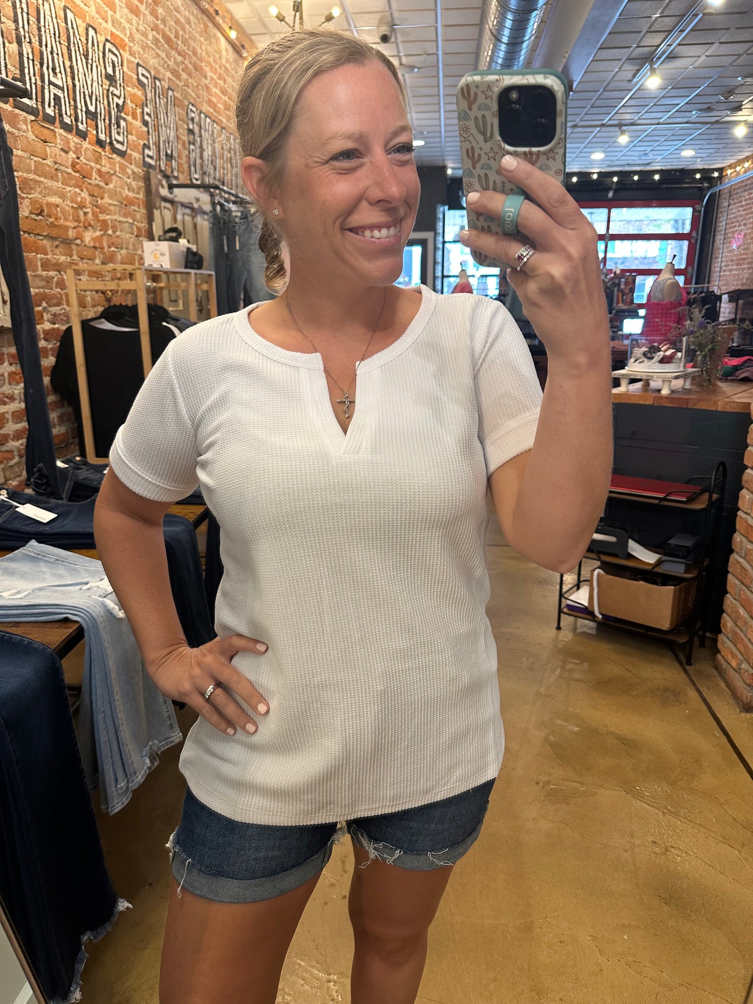 Off White Baby Waffle Short Sleeve Top