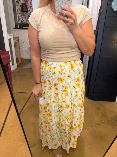 Yellow Sunflower Tiered Maxi Skirt