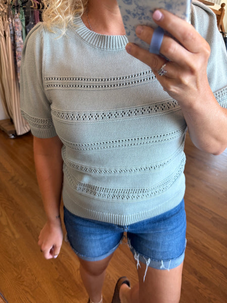 Dusty Blue Crochet Stripe Puff Sleeve Short Sleeve Sweater