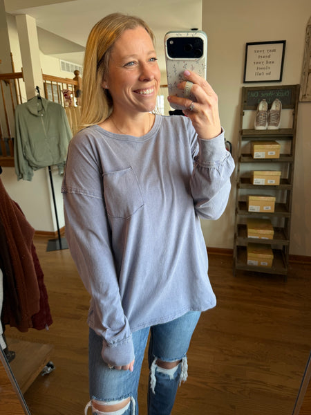 Dusty Indigo Oversized Washed Long Sleeve Pocket Tee