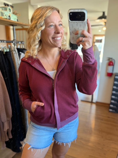 Burgundy Waffle Full Zip Hooded Sweatshirt