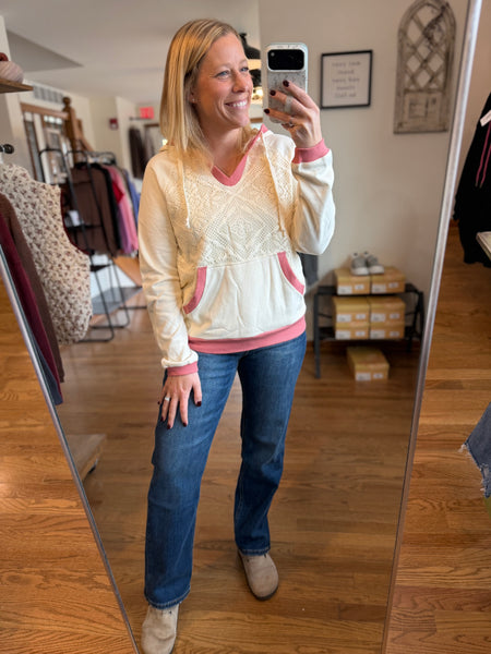 Ivory & Pink Crochet Knit Hoodie