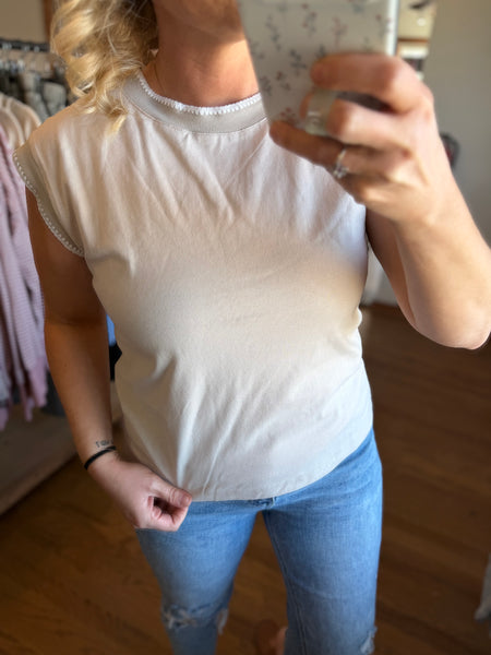 Beige Stitched Cotton Cap Sleeve Top