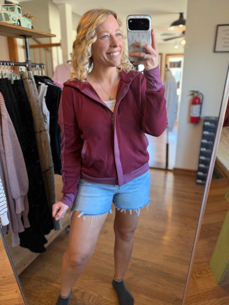 Burgundy Waffle Full Zip Hooded Sweatshirt