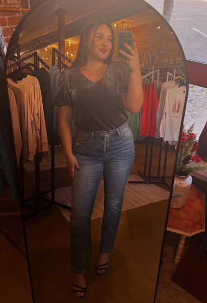 Black Shimmer Puff Sleeve Bodysuit