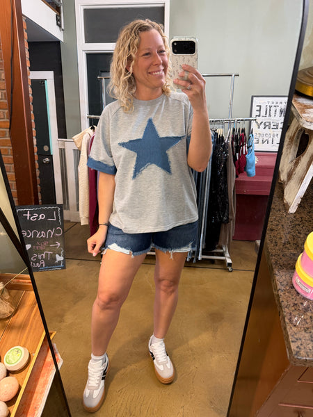 Heather Grey Denim Star Patchwork Top