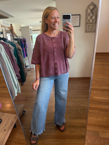 Burgundy Washed Ribbed Cardigan