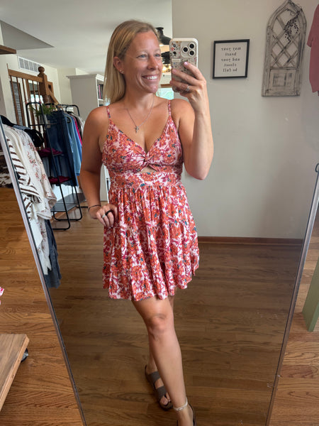 Red Floral Twist Front Cut Out Sundress