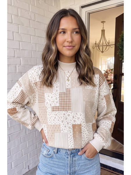 Khaki Patchwork Mock Neck Sweatshirt