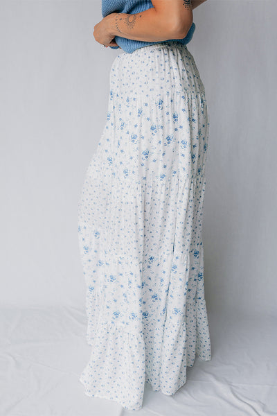 Sky Blue Floral Print Boho Maxi Skirt