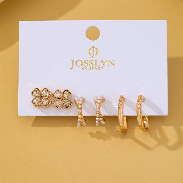 Gold Floral Gem Pearl Hoop Trio Earrings