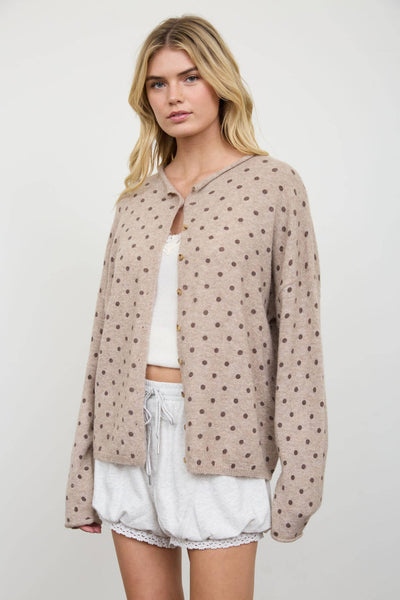 Polka Dot Button Down Raw Edge Knit Cardigan