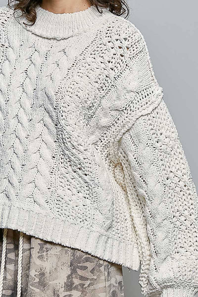 Cream Mock Neck Balloon Sleeve Cable Knit Sweater