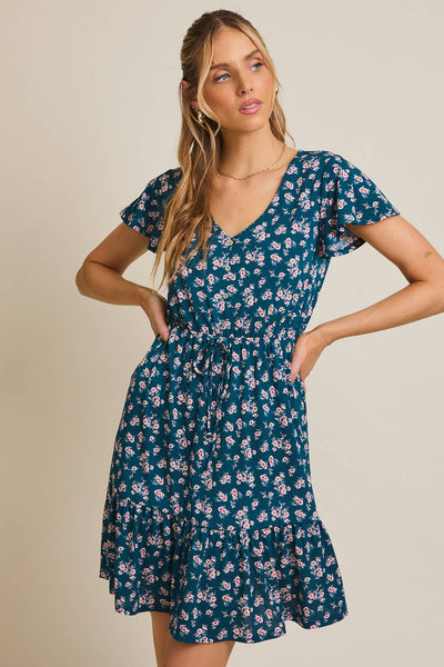 Teal Disy Floral Short Sleeve Dress